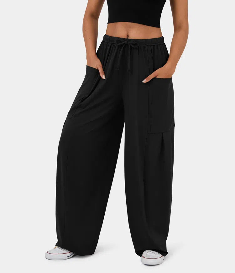 Drawstring Waist Utility Pocket Wide Leg Pants - Black