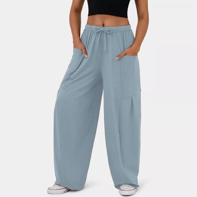 Drawstring Waist Utility Pocket Wide Leg Pants - Blue