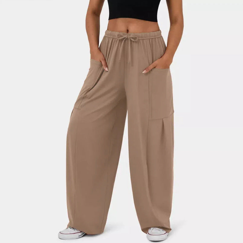 Drawstring Waist Utility Pocket Wide Leg Pants - Khaki