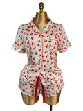 Cherry Print Ruffle Trim Pajama Set - Beige