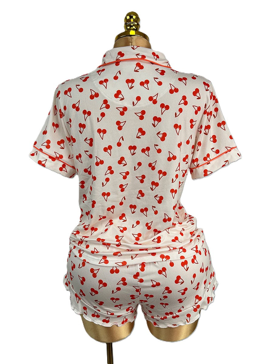 Cherry Print Ruffle Trim Pajama Set - Beige - 1