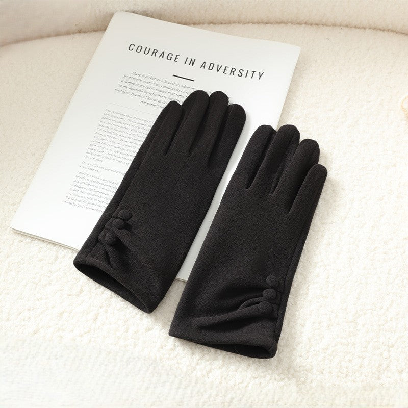 Faux Suede Gathered Wrist Button Detail Gloves - Black