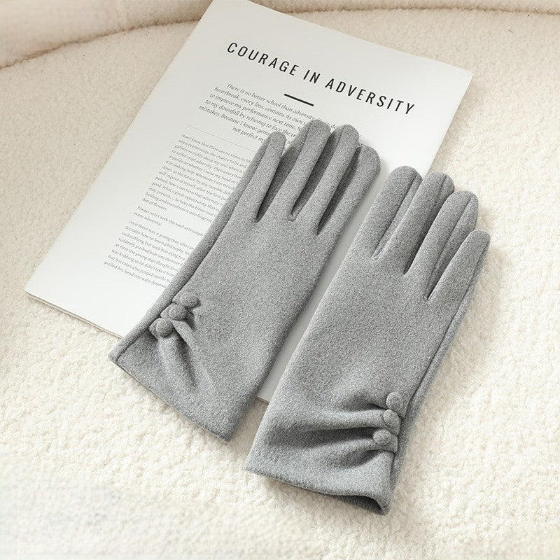 Faux Suede Gathered Wrist Button Detail Gloves - Grey