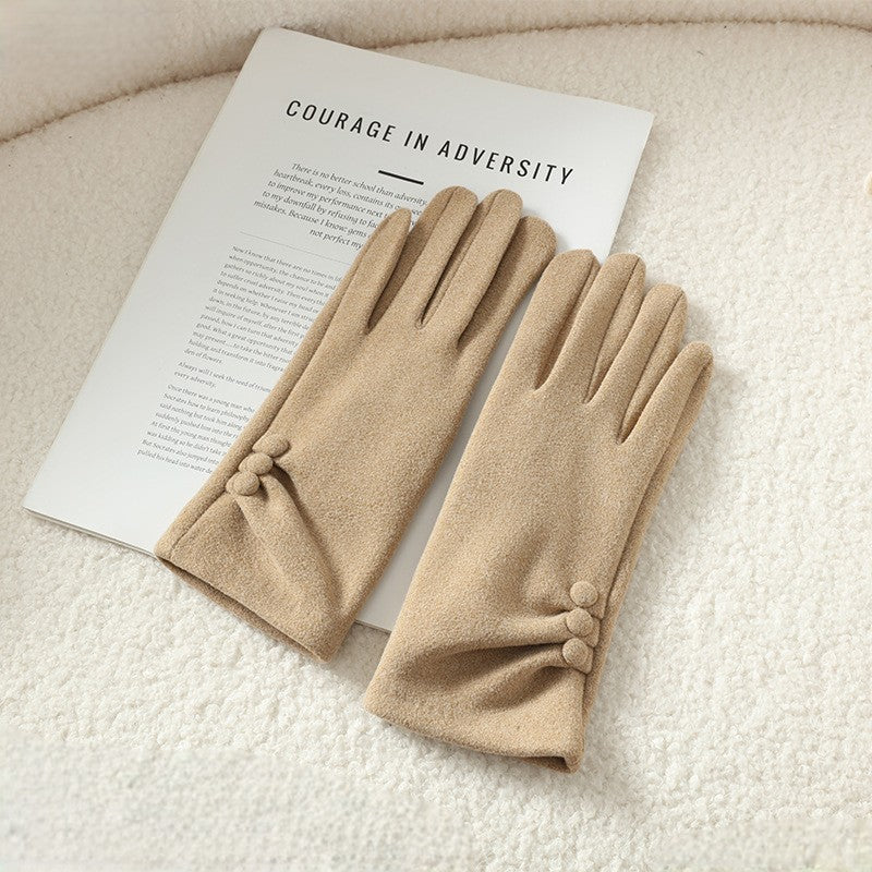 Faux Suede Gathered Wrist Button Detail Gloves - Khaki