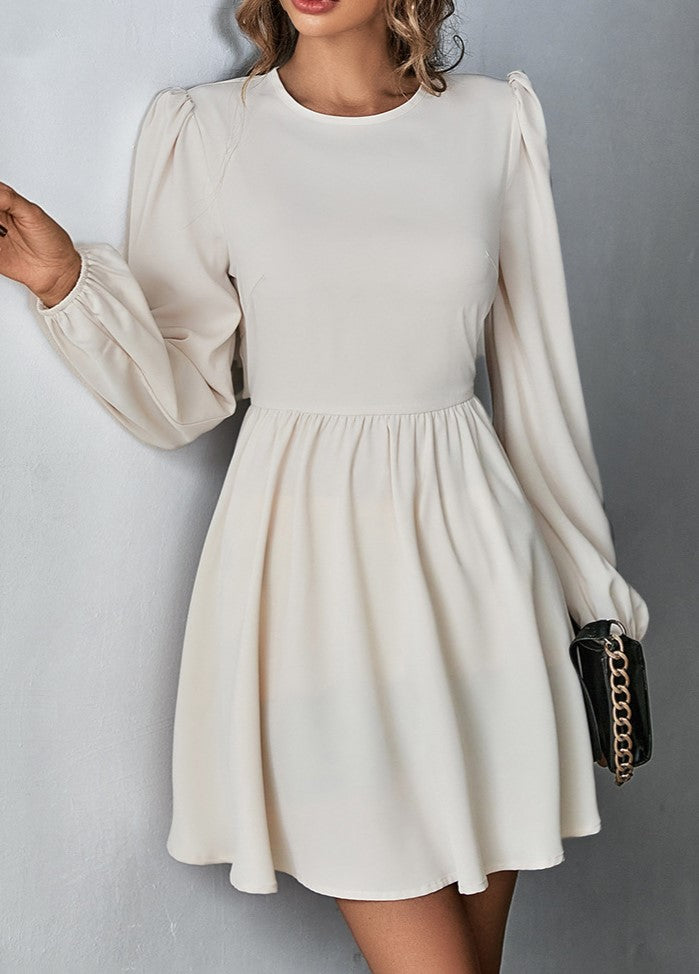Puff Sleeve Tie Back Skater Mini Dress - Apricot - 1