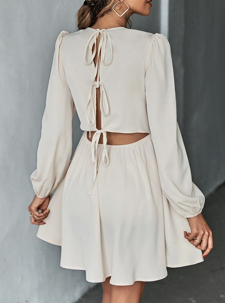 Puff Sleeve Tie Back Skater Mini Dress - Apricot - 2
