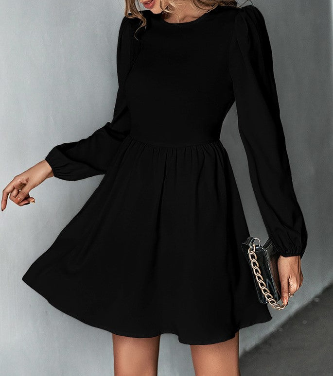 Puff Sleeve Tie Back Skater Mini Dress - Black