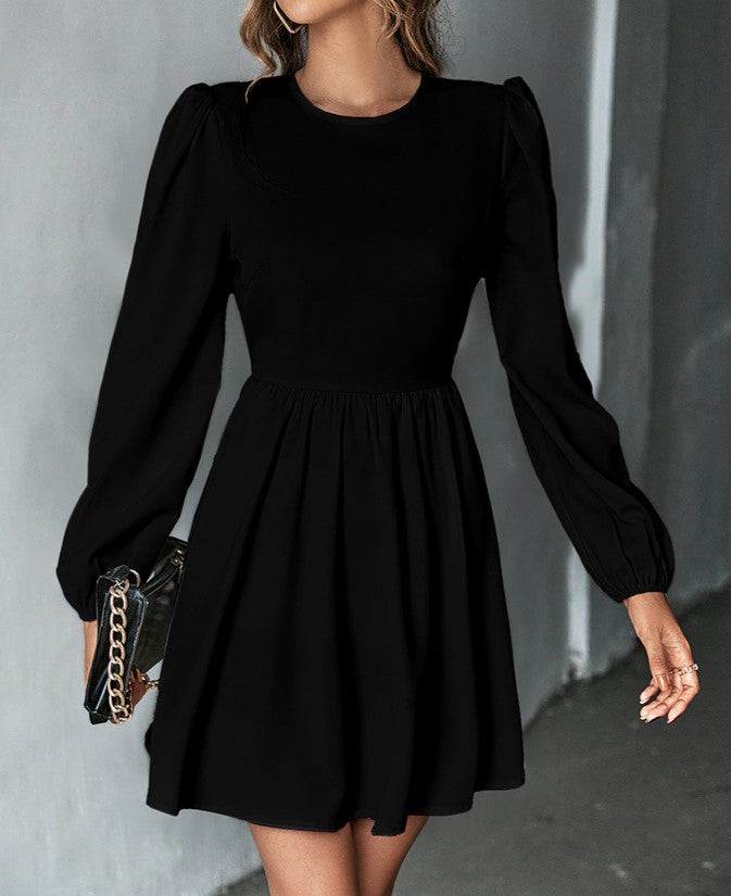 Puff Sleeve Tie Back Skater Mini Dress - Black - 1