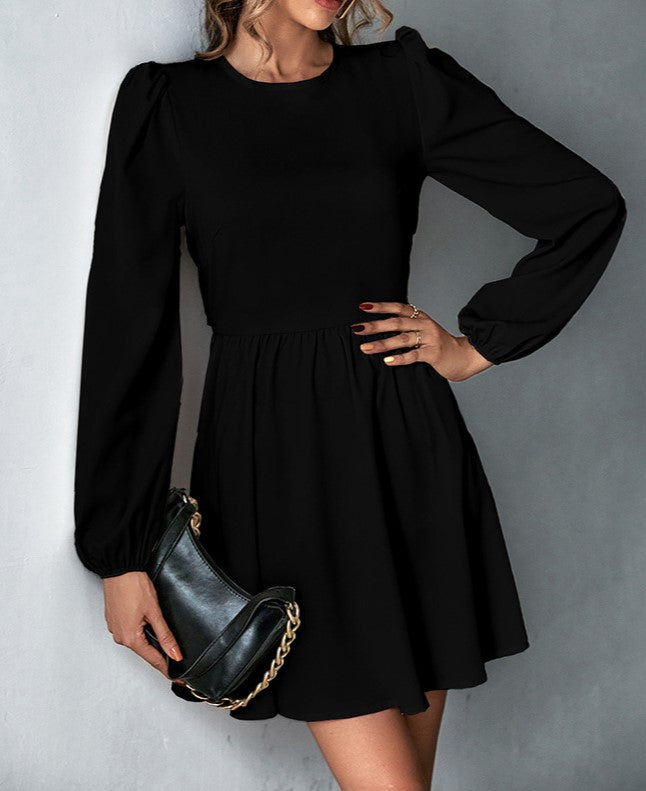 Puff Sleeve Tie Back Skater Mini Dress - Black - 2