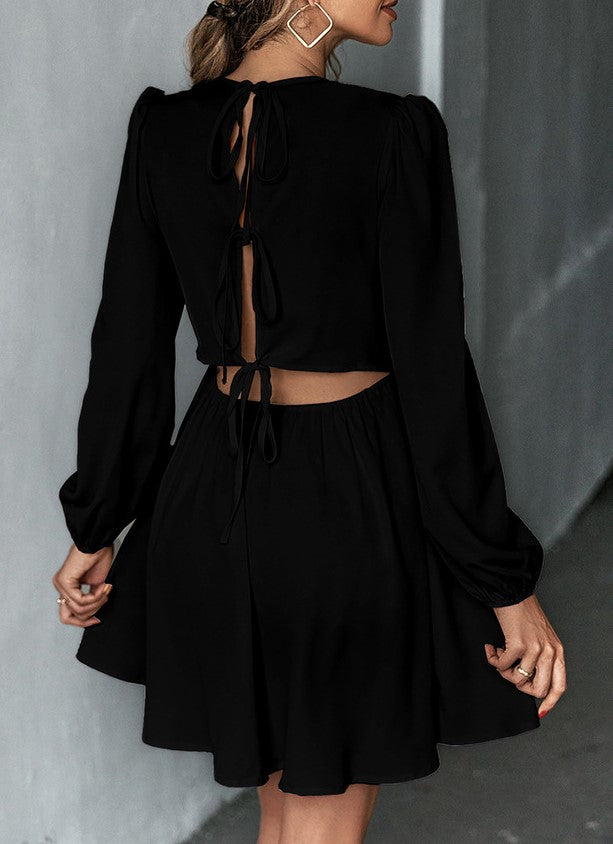Puff Sleeve Tie Back Skater Mini Dress - Black - 3