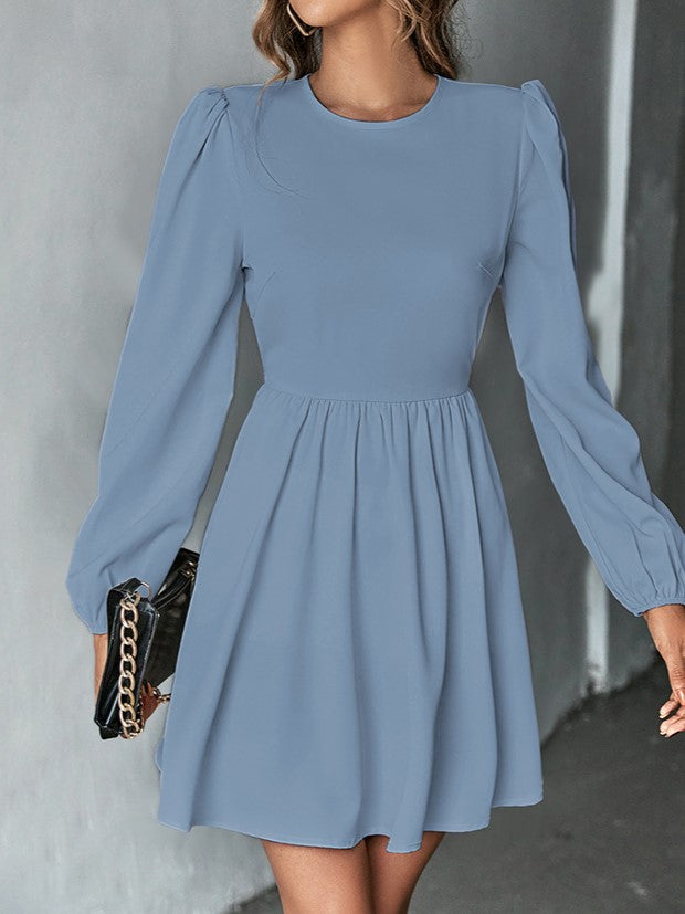 Puff Sleeve Tie Back Skater Mini Dress - Blue - 1