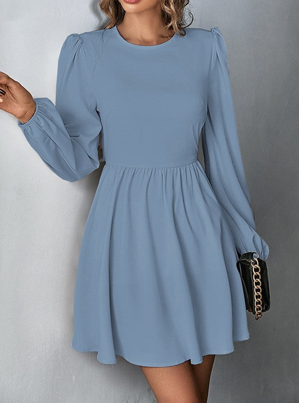 Puff Sleeve Tie Back Skater Mini Dress - Blue - 2