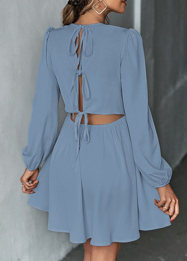 Puff Sleeve Tie Back Skater Mini Dress - Blue - 3