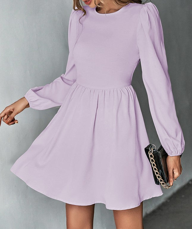 Puff Sleeve Tie Back Skater Mini Dress - Purple