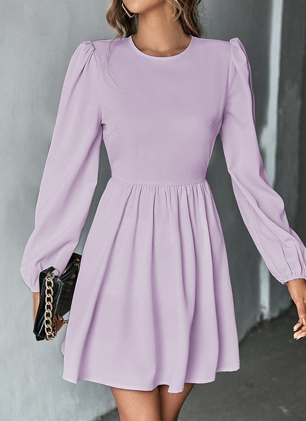 Puff Sleeve Tie Back Skater Mini Dress - Purple - 1