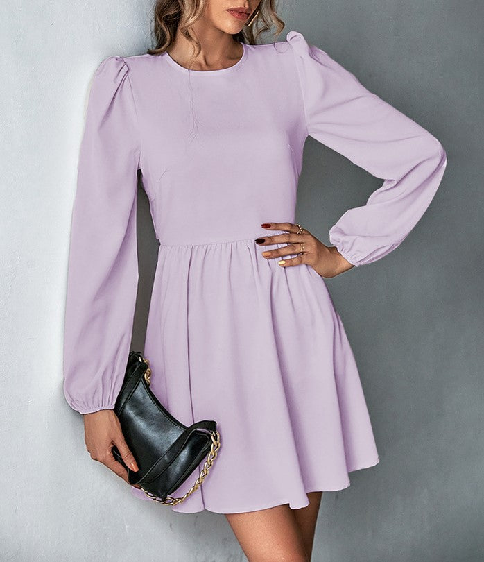 Puff Sleeve Tie Back Skater Mini Dress - Purple - 2