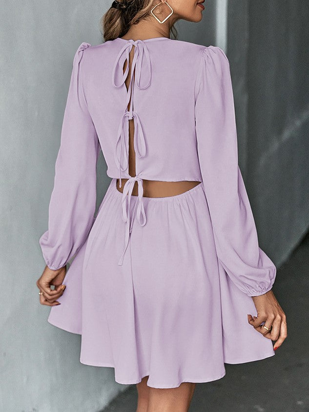 Puff Sleeve Tie Back Skater Mini Dress - Purple - 3