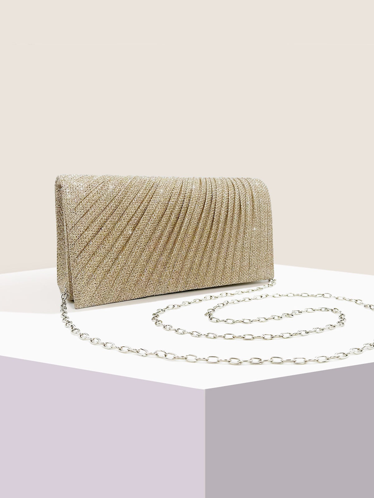 Pleated Glitter Envelope Clutch with Chain - Champagne