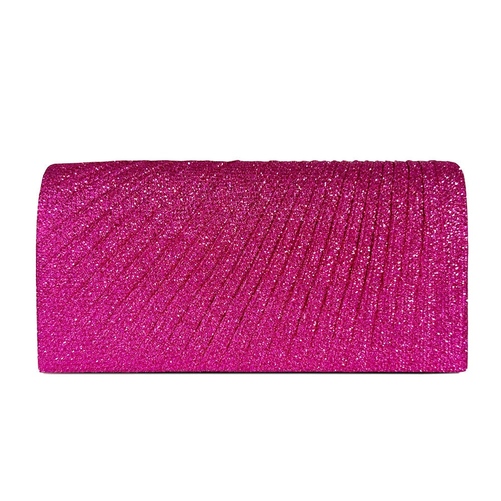 Pleated Glitter Envelope Clutch with Chain - Hot Pink