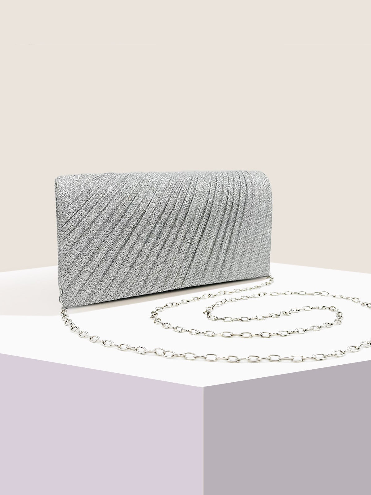 Pleated Glitter Envelope Clutch with Chain - Silver