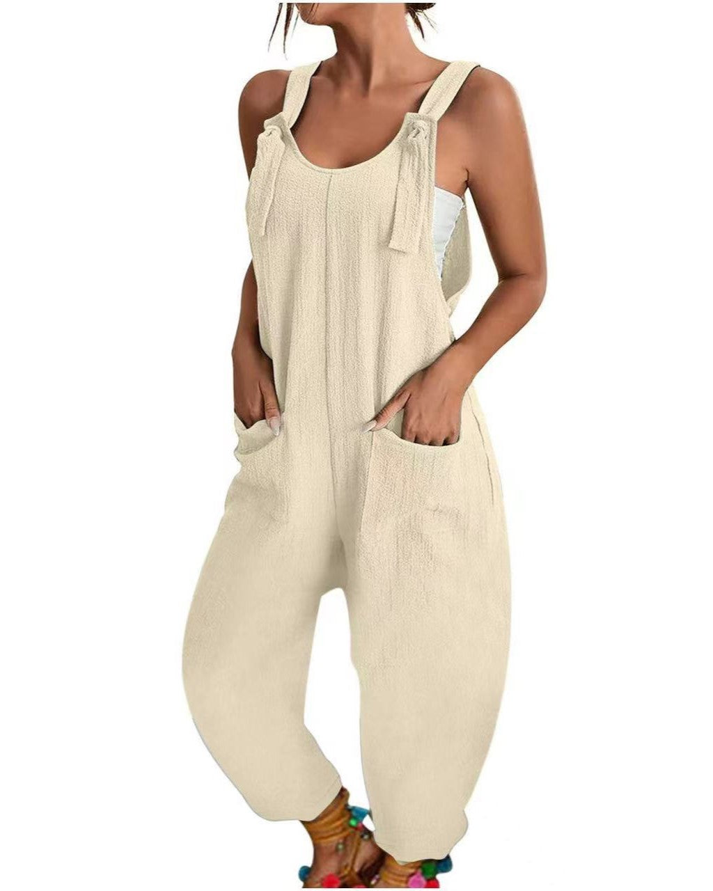 Sleeveless Tie Strap Baggy Jumpsuit - Apricot