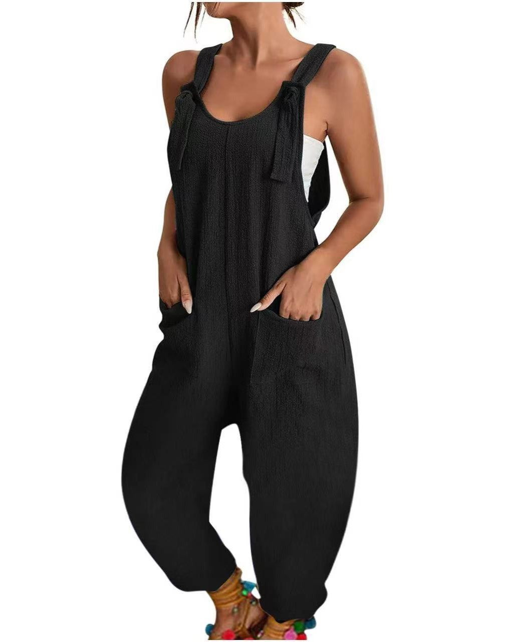Sleeveless Tie Strap Baggy Jumpsuit - Black