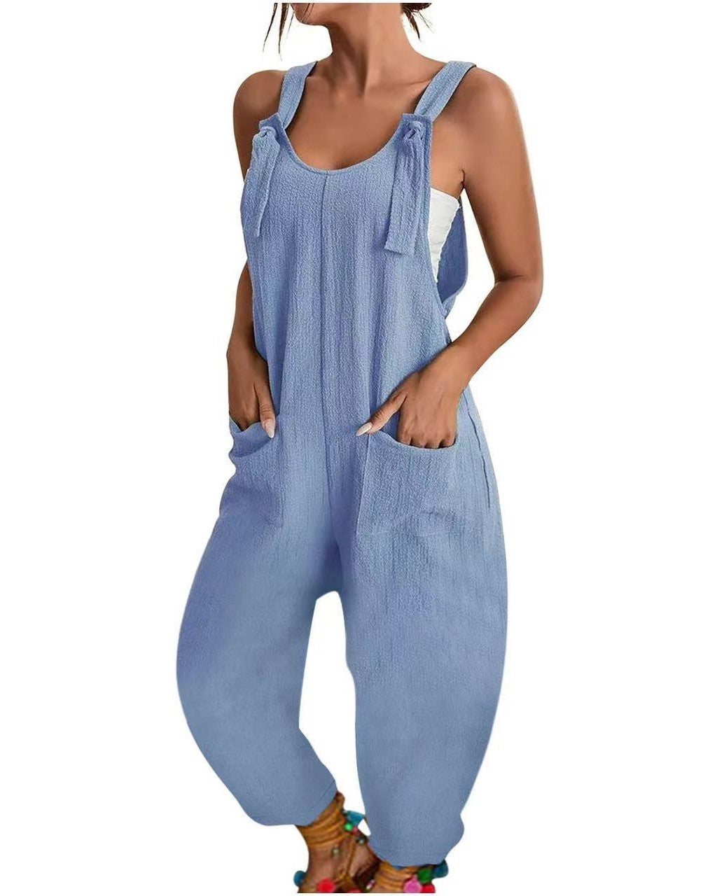 Sleeveless Tie Strap Baggy Jumpsuit - Blue