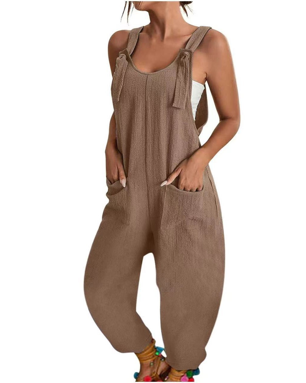 Sleeveless Tie Strap Baggy Jumpsuit - Camel