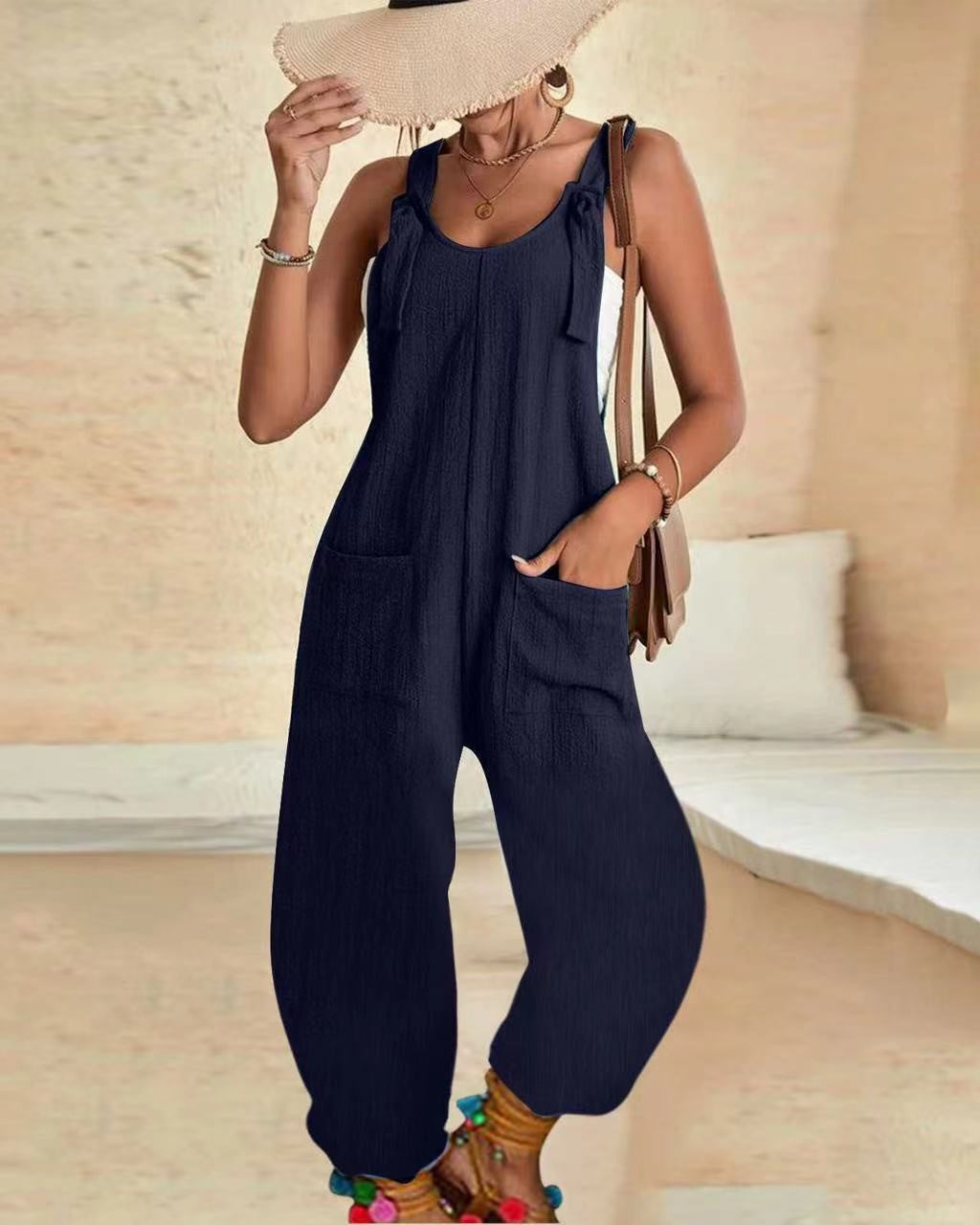 Sleeveless Tie Strap Baggy Jumpsuit - DarkBlue