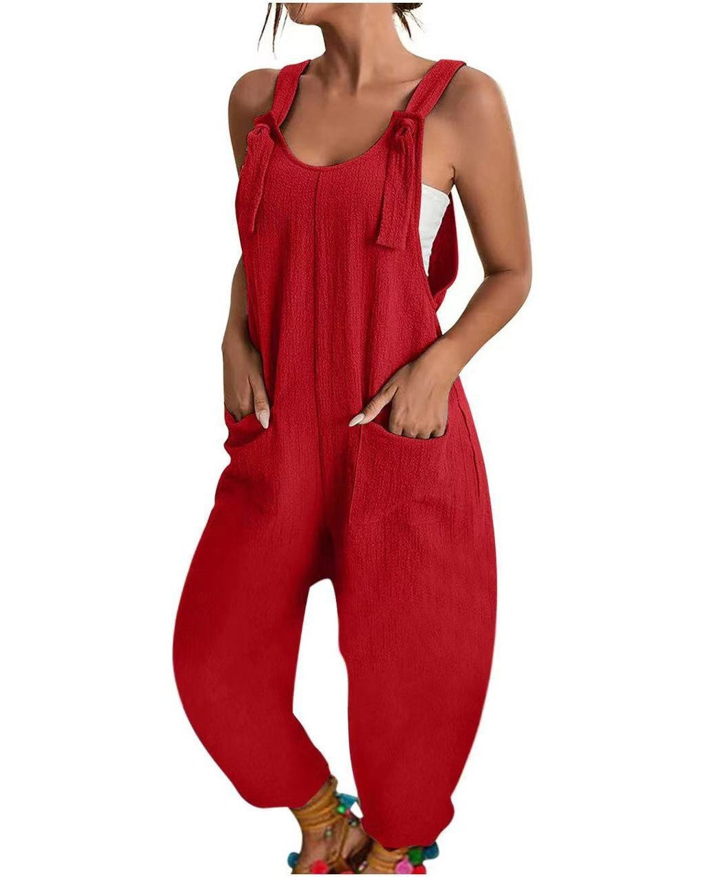 Sleeveless Tie Strap Baggy Jumpsuit - Red