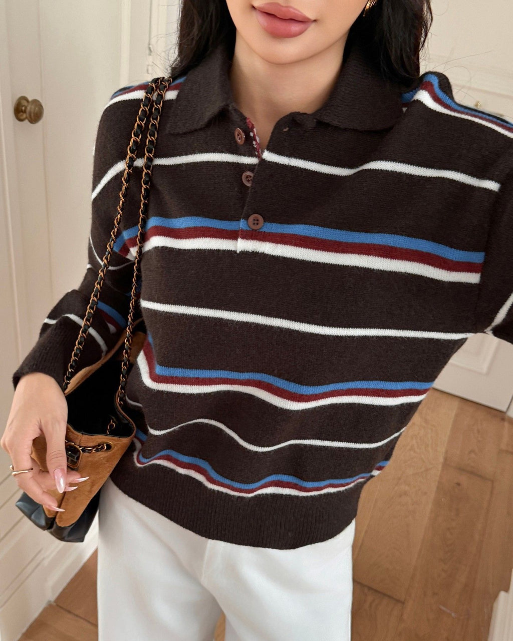 Varsity Stripe Collared Button Knit Sweater - Coffee