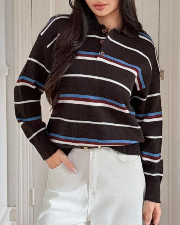 Varsity Stripe Collared Button Knit Sweater - Coffee - 1