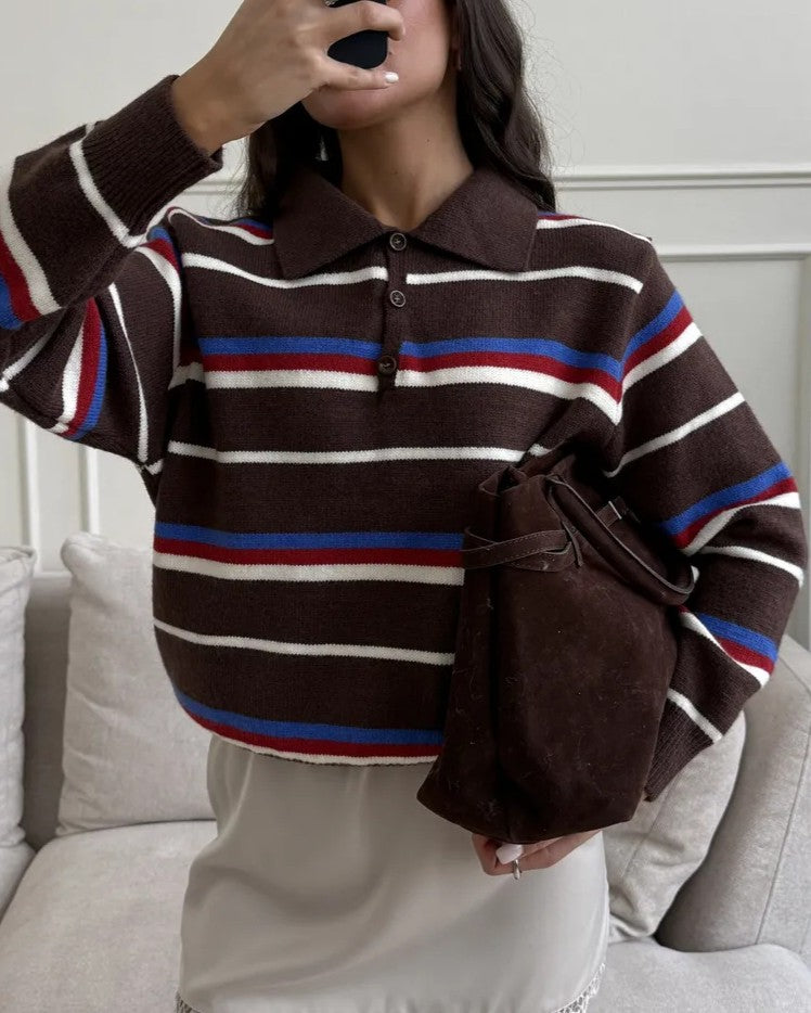 Varsity Stripe Collared Button Knit Sweater - Coffee - 2