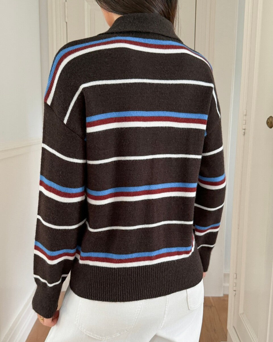 Varsity Stripe Collared Button Knit Sweater - Coffee - 3