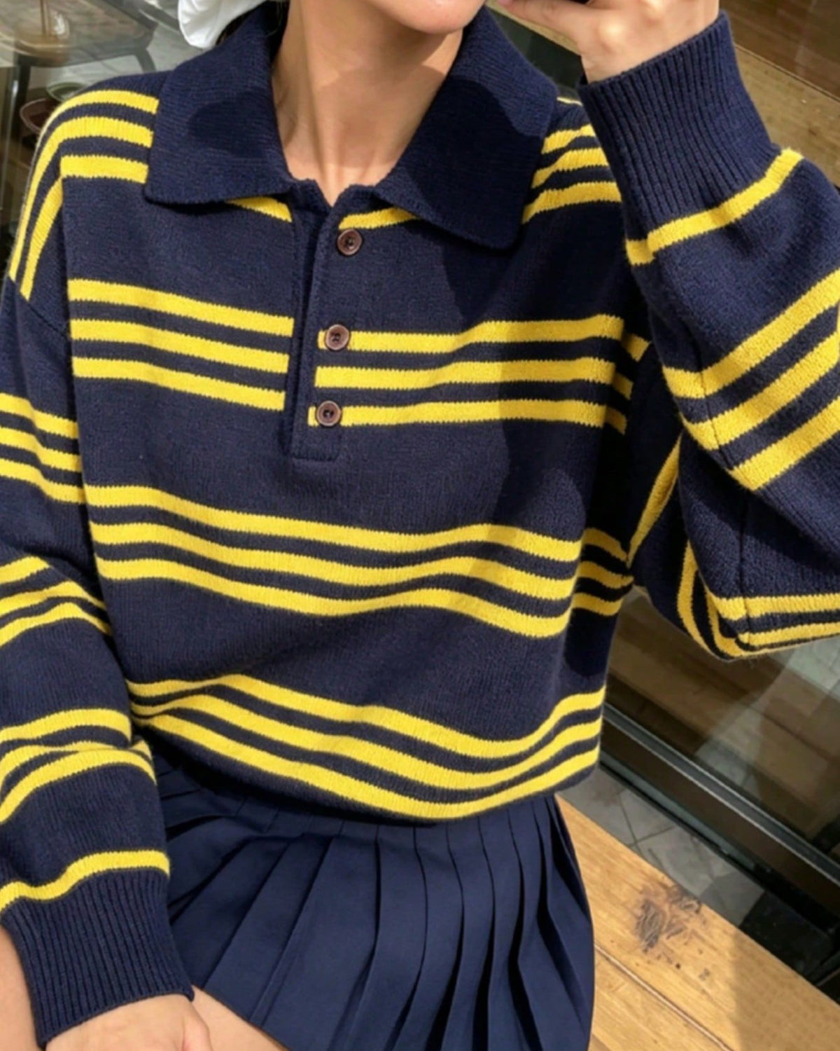 Varsity Stripe Collared Button Knit Sweater - Yellow