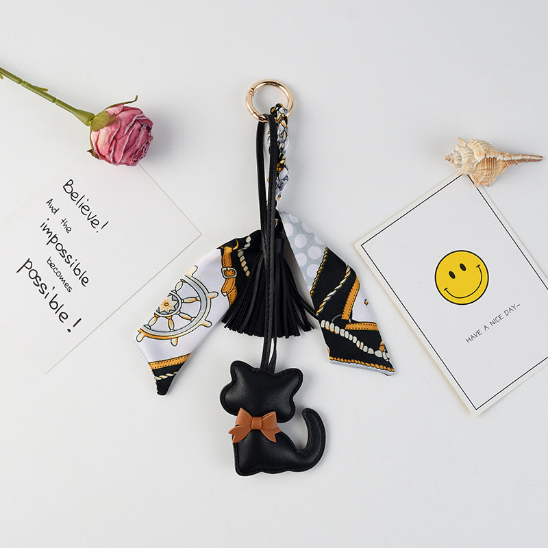 Kitten Charm Keychain With Twilly Scarf - Black