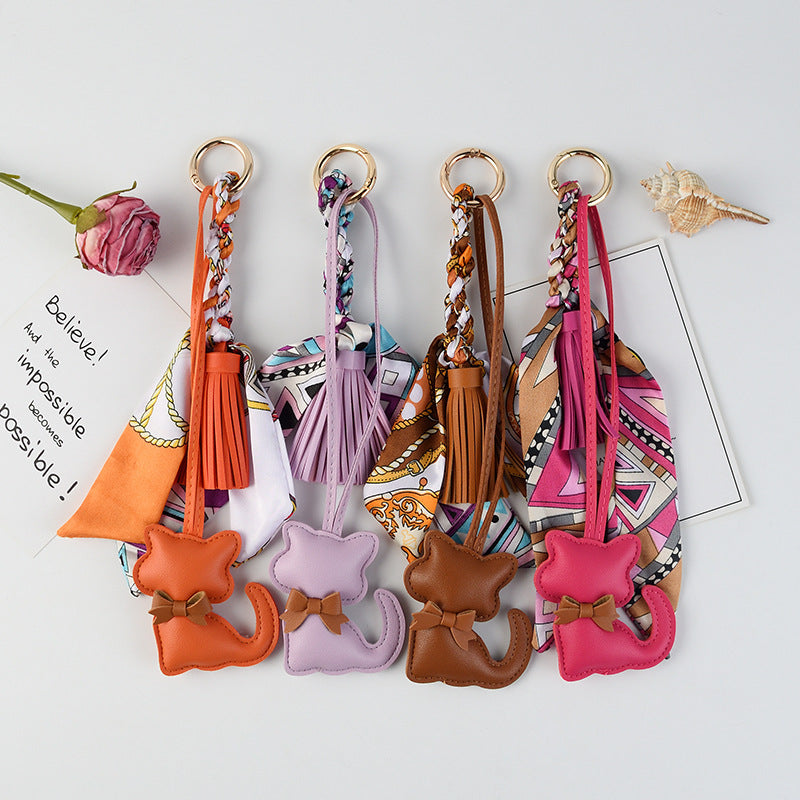 Kitten Charm Keychain With Twilly Scarf - Brown
