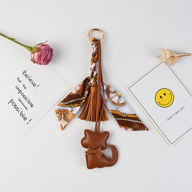 Kitten Charm Keychain With Twilly Scarf - Brown - 1