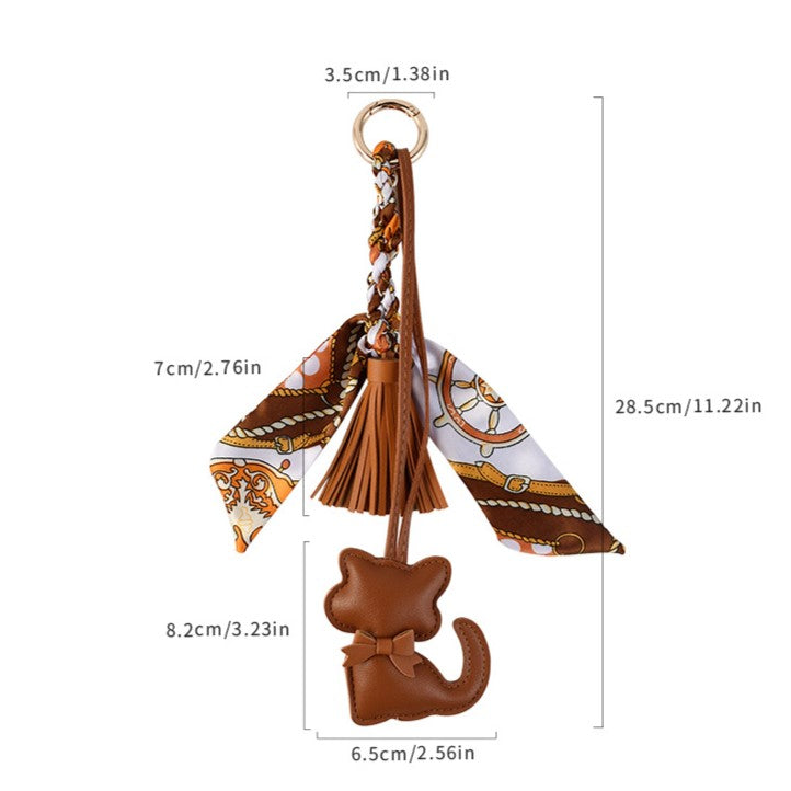 Kitten Charm Keychain With Twilly Scarf - Brown - 2