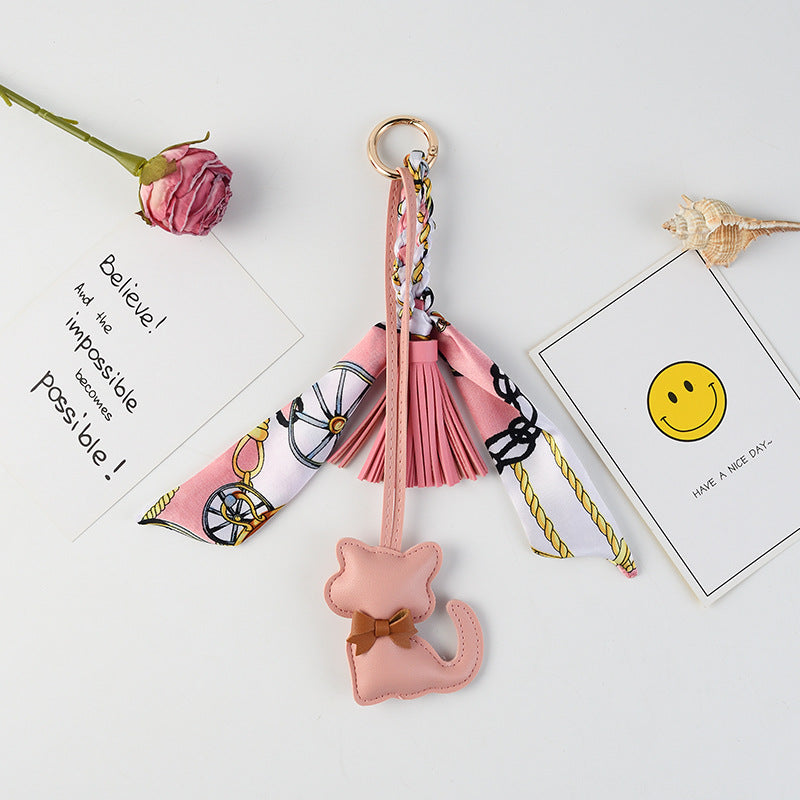 Kitten Charm Keychain With Twilly Scarf - Pink
