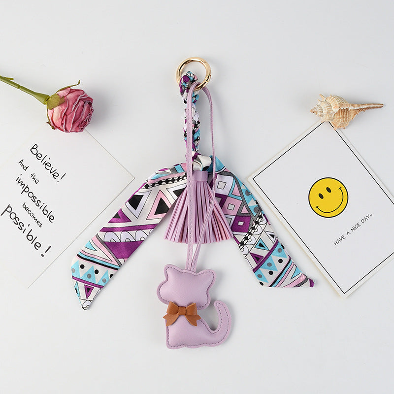 Kitten Charm Keychain With Twilly Scarf - Purple