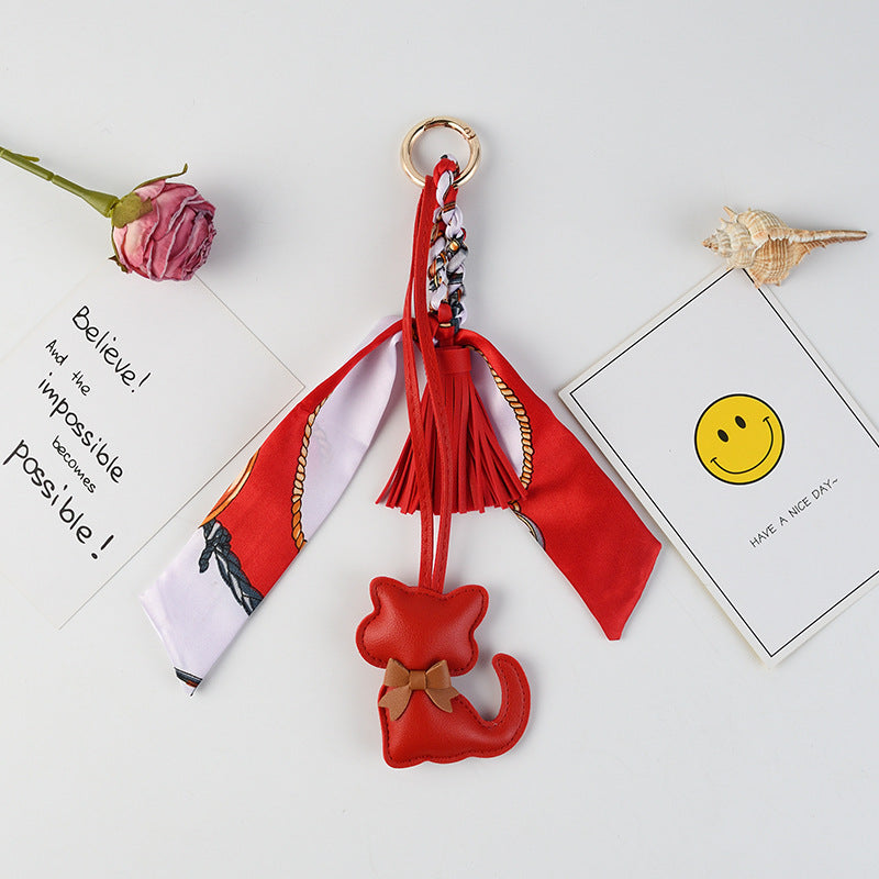 Kitten Charm Keychain With Twilly Scarf - Red