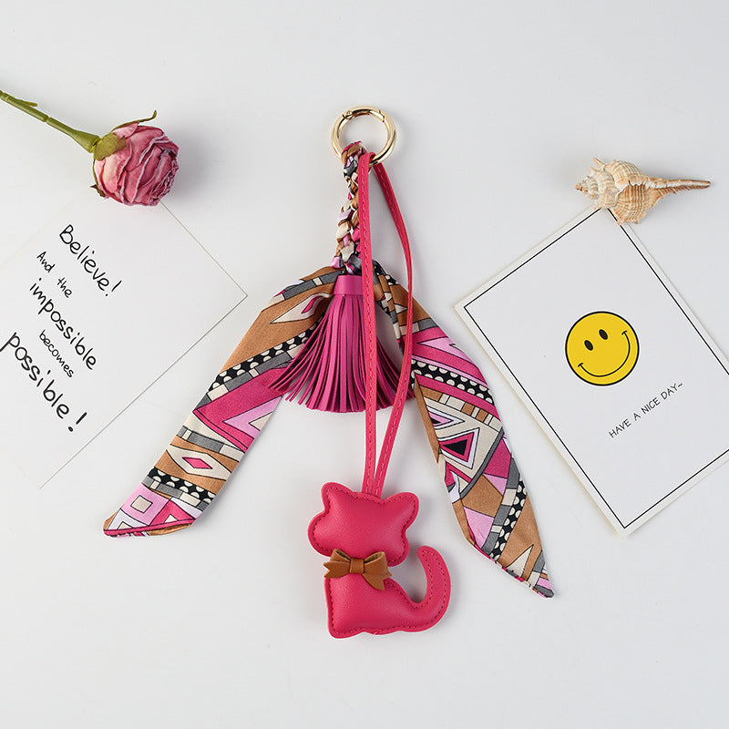Kitten Charm Keychain With Twilly Scarf - Rose