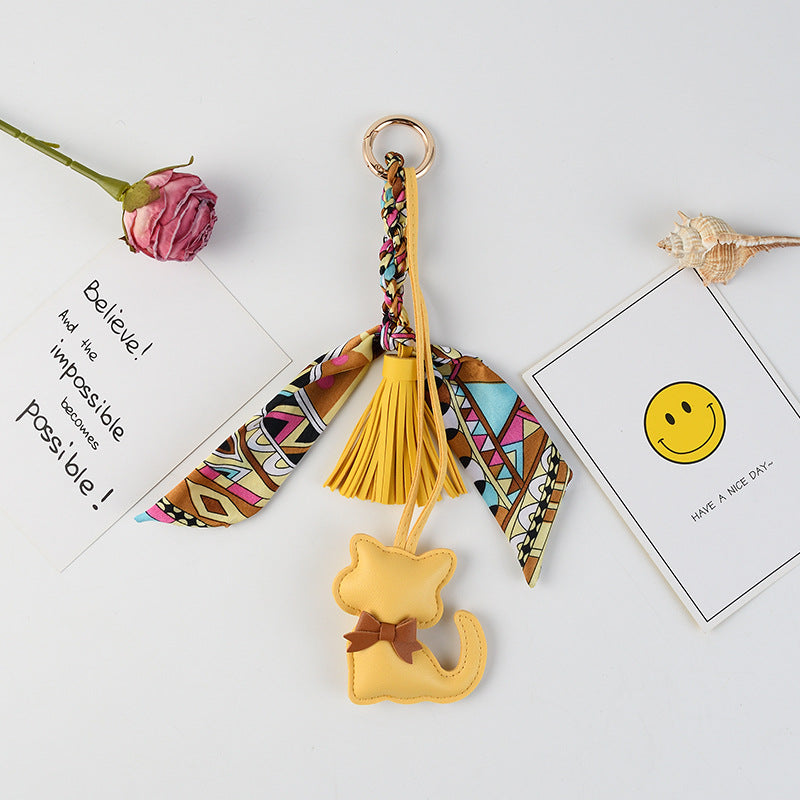 Kitten Charm Keychain With Twilly Scarf - Yellow