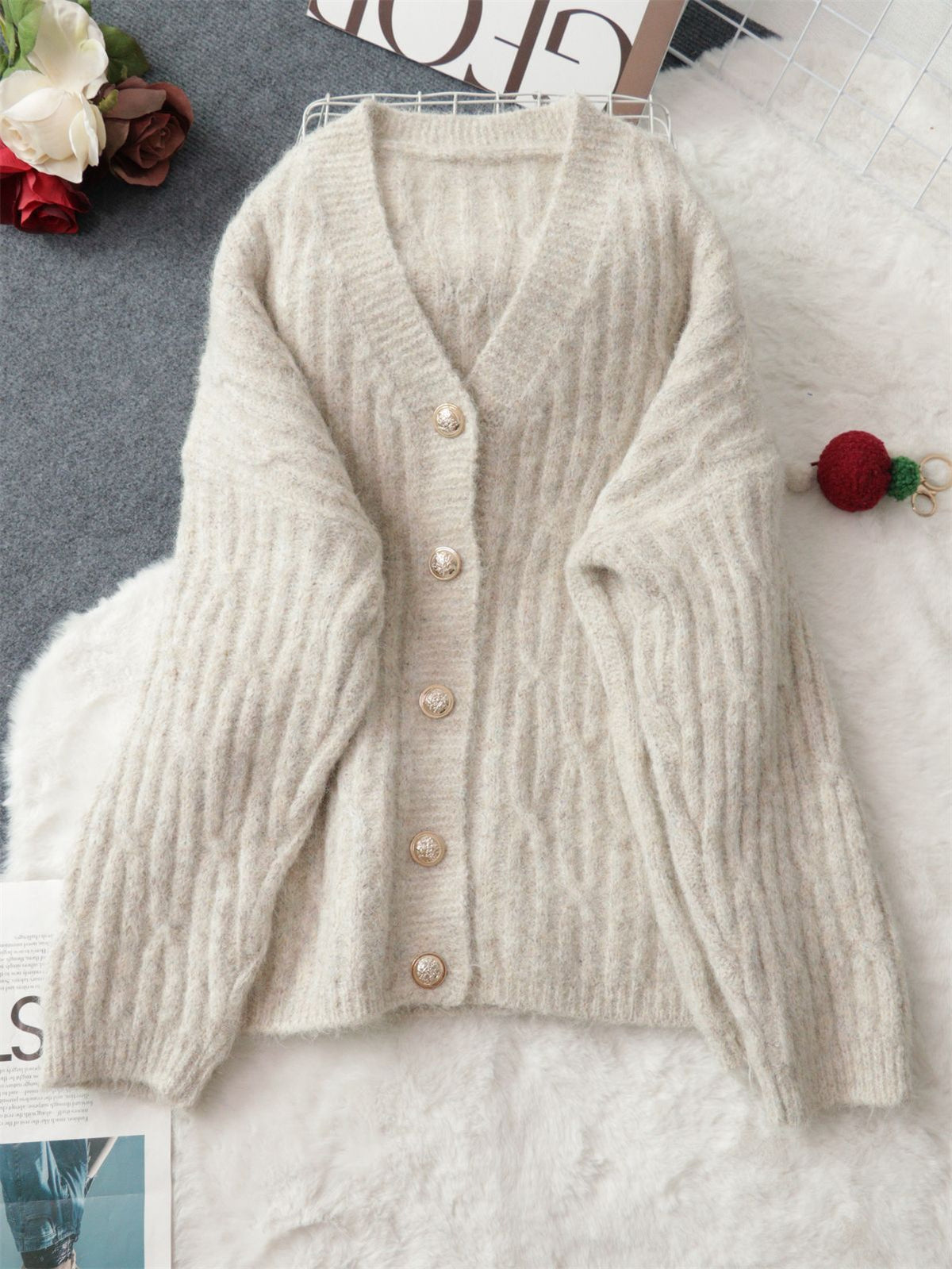 Slouchy Brushed Mohair Look V Neck Cardigan - Apricot