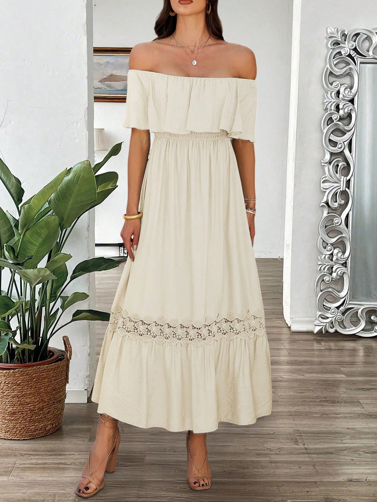 Off Shoulder Flounce Tiered Maxi Dress - Apricot