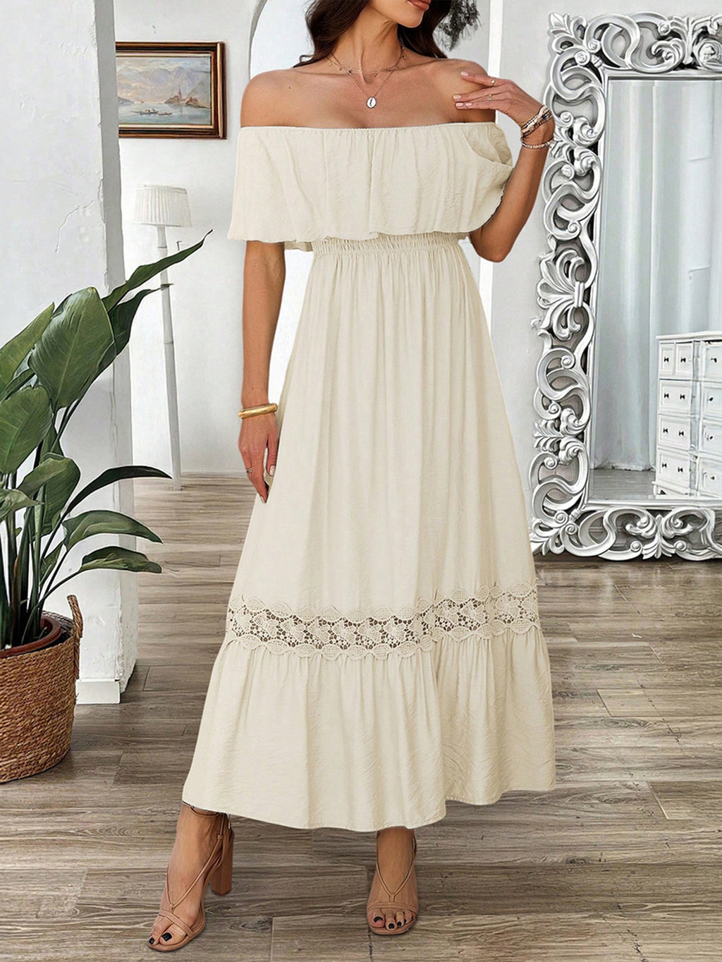 Off Shoulder Flounce Tiered Maxi Dress - Apricot - 1