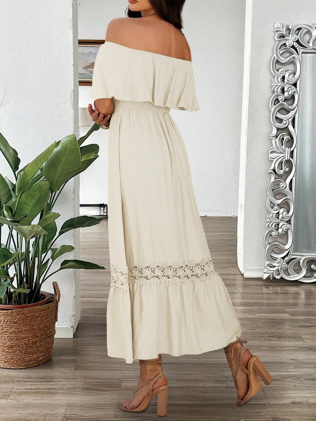 Off Shoulder Flounce Tiered Maxi Dress - Apricot - 2