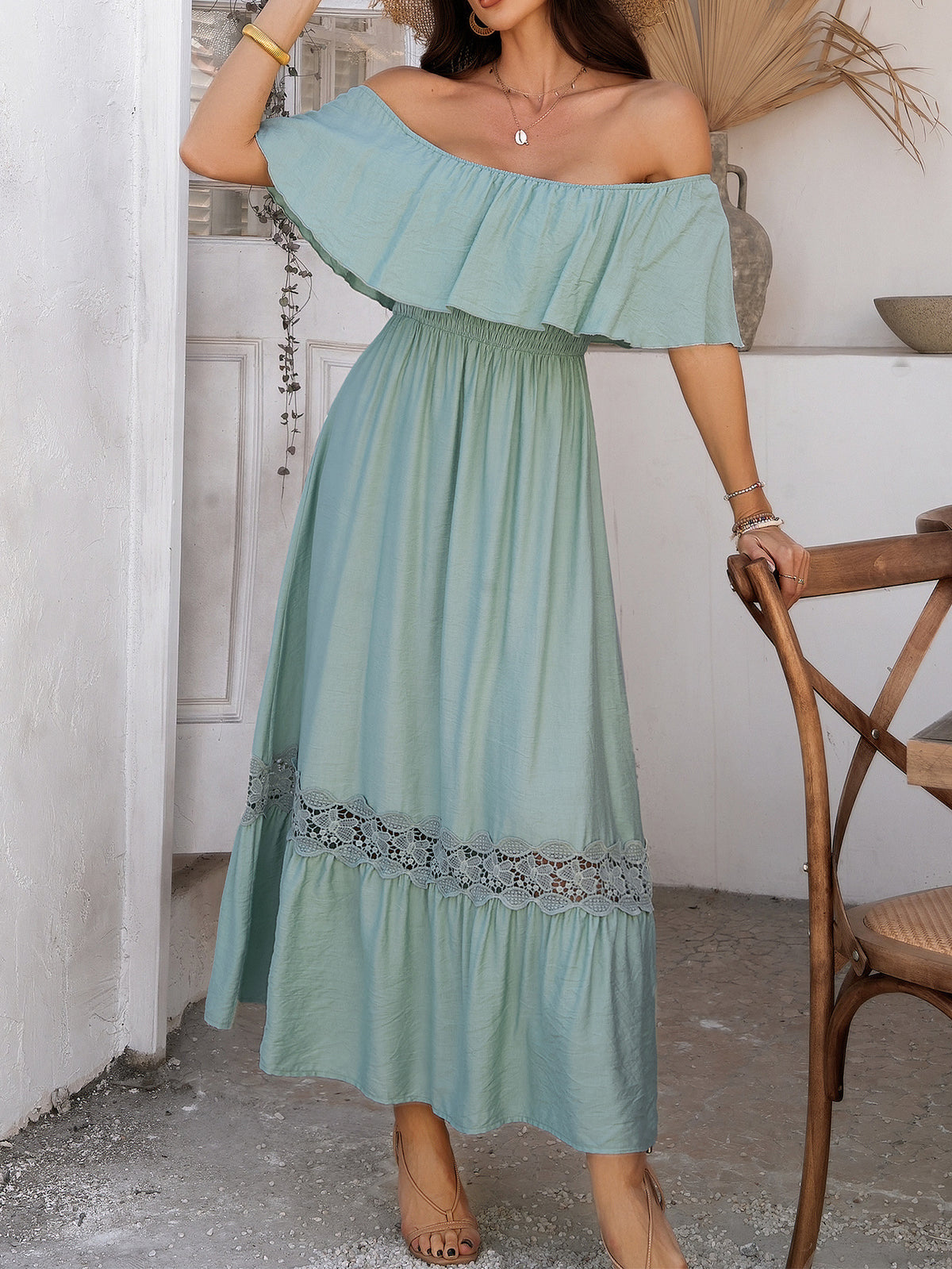 Off Shoulder Flounce Tiered Maxi Dress - Green