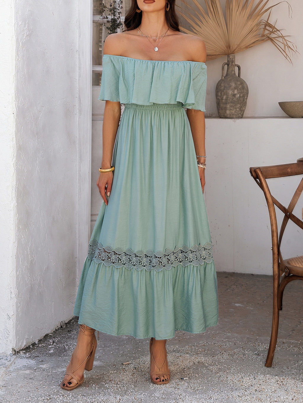 Off Shoulder Flounce Tiered Maxi Dress - Green - 1